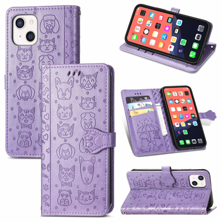 Cute Cat and Dog Embossed Horizontal Flip Leather Case with Holder & Card Slots & Wallet & Lanyard, For iPhone 13 mini