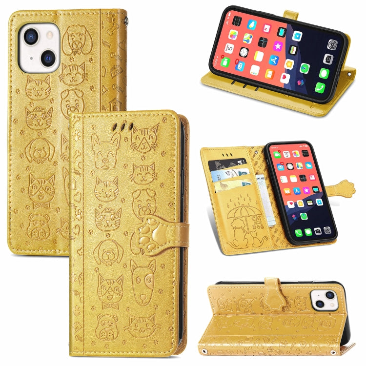 Cute Cat and Dog Embossed Horizontal Flip Leather Case with Holder & Card Slots & Wallet & Lanyard, For iPhone 13 mini
