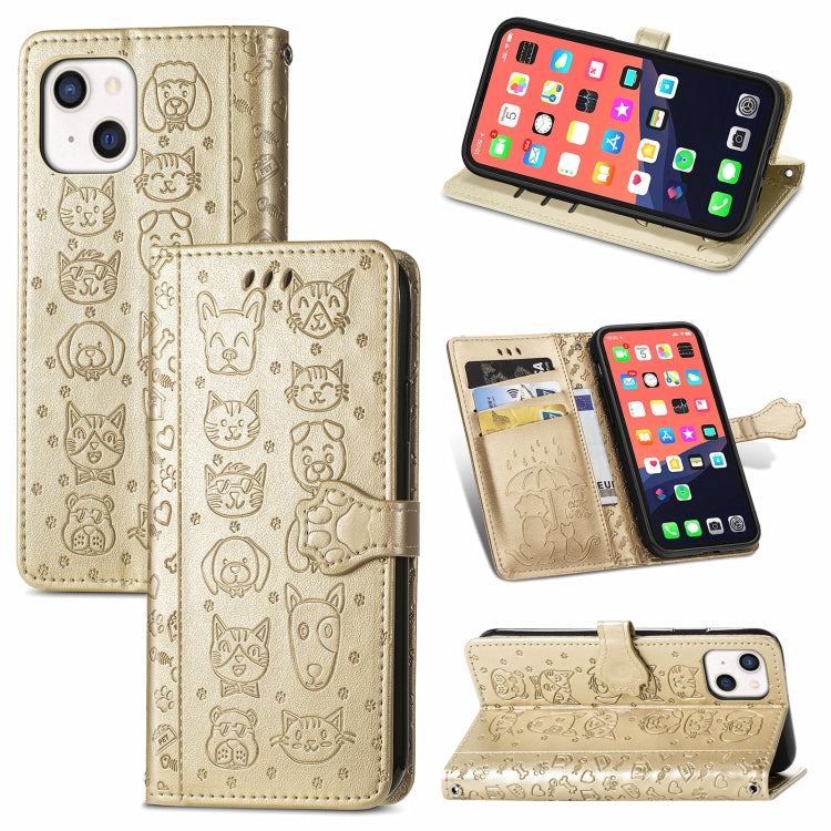 Cute Cat and Dog Embossed Horizontal Flip Leather Case with Holder & Card Slots & Wallet & Lanyard, For iPhone 13 mini