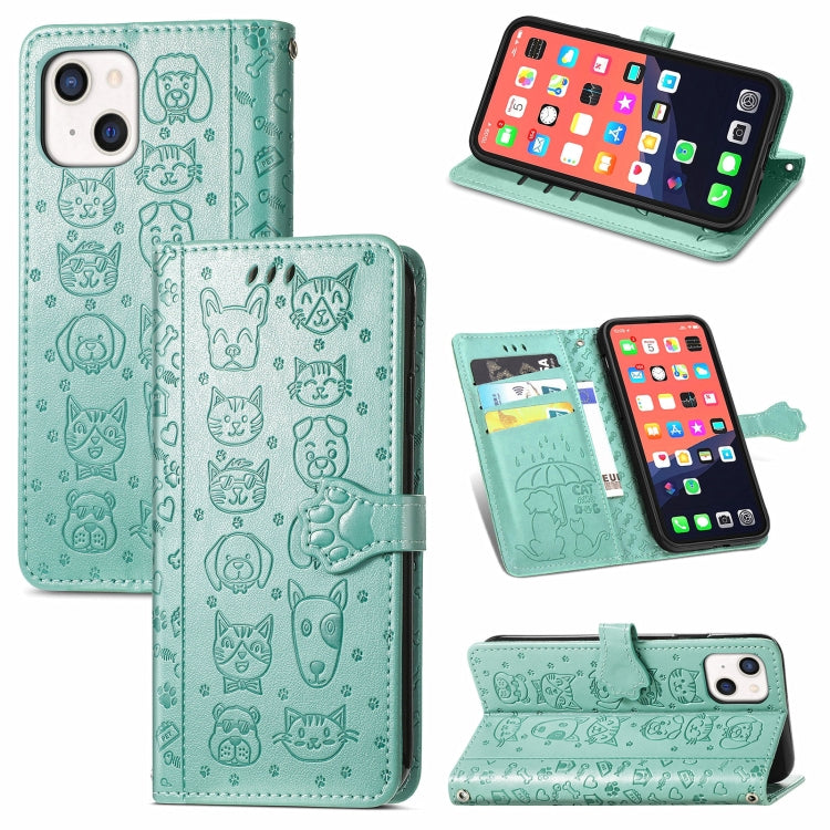 Cute Cat and Dog Embossed Horizontal Flip Leather Case with Holder & Card Slots & Wallet & Lanyard, For iPhone 13 mini