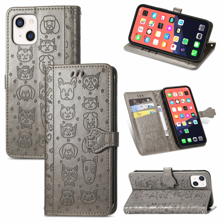 Cute Cat and Dog Embossed Horizontal Flip Leather Case with Holder & Card Slots & Wallet & Lanyard, For iPhone 13 mini
