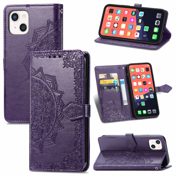 Mandala Flower Embossed Horizontal Flip Leather Case with Holder & Three Card Slots & Wallet & Lanyard, For iPhone 13 Pro Max, For iPhone 13 Pro, For iPhone 13, For iPhone 13 mini