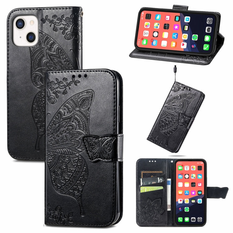 Butterfly Love Flower Embossed Horizontal Flip Leather Case with Bracket / Card Slot / Wallet / Lanyard, For iPhone 13 mini