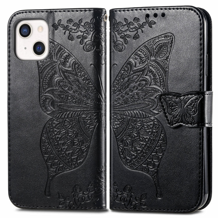 Butterfly Love Flower Embossed Horizontal Flip Leather Case with Bracket / Card Slot / Wallet / Lanyard, For iPhone 13 mini