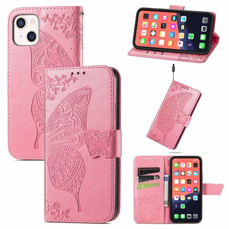 Butterfly Love Flower Embossed Horizontal Flip Leather Case with Bracket / Card Slot / Wallet / Lanyard, For iPhone 13 mini