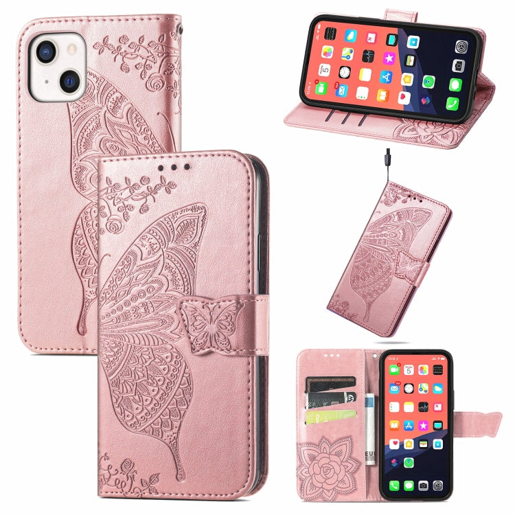 Butterfly Love Flower Embossed Horizontal Flip Leather Case with Bracket / Card Slot / Wallet / Lanyard, For iPhone 13 mini