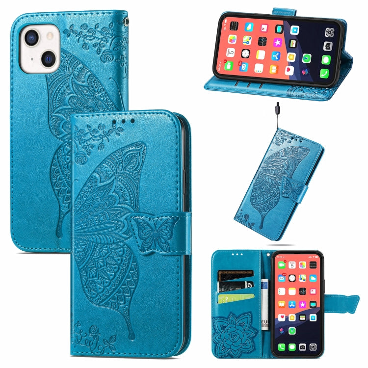 Butterfly Love Flower Embossed Horizontal Flip Leather Case with Bracket / Card Slot / Wallet / Lanyard, For iPhone 13 mini