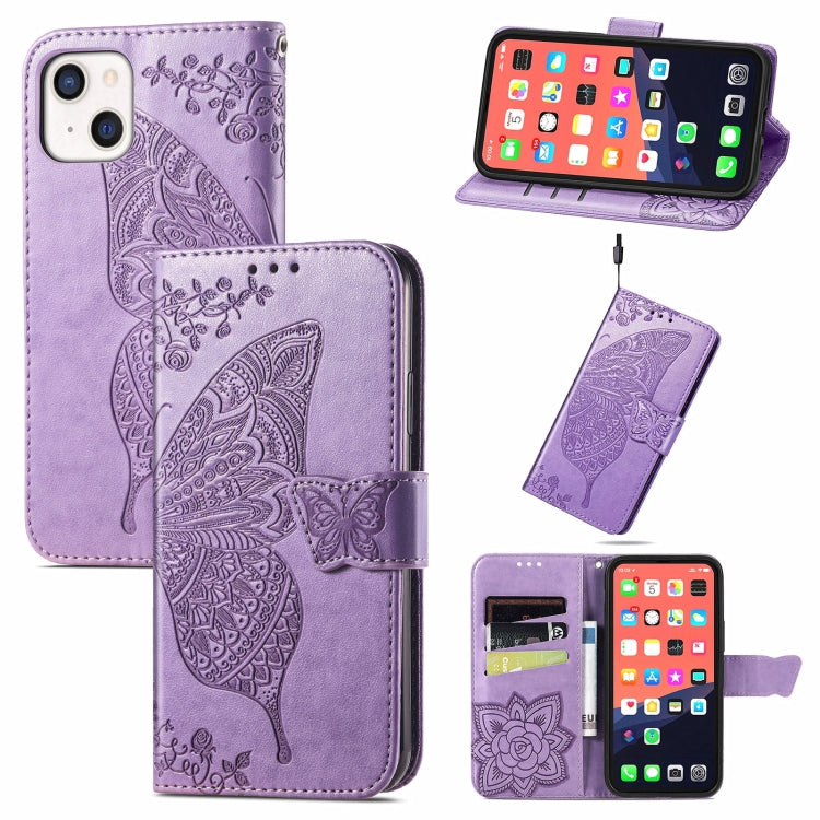Butterfly Love Flower Embossed Horizontal Flip Leather Case with Bracket / Card Slot / Wallet / Lanyard, For iPhone 13 mini