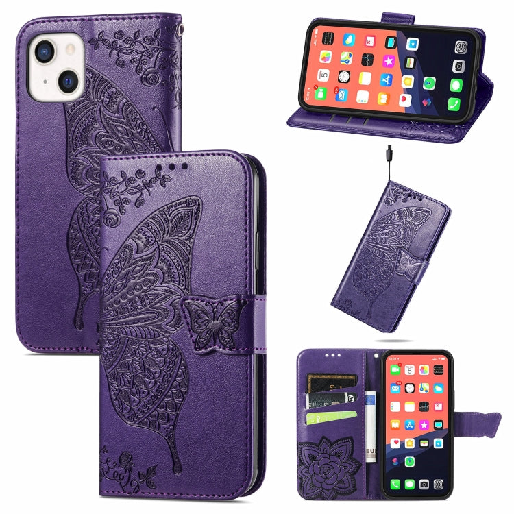 Butterfly Love Flower Embossed Horizontal Flip Leather Case with Bracket / Card Slot / Wallet / Lanyard, For iPhone 13 mini