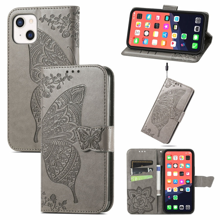 Butterfly Love Flower Embossed Horizontal Flip Leather Case with Bracket / Card Slot / Wallet / Lanyard, For iPhone 13 mini