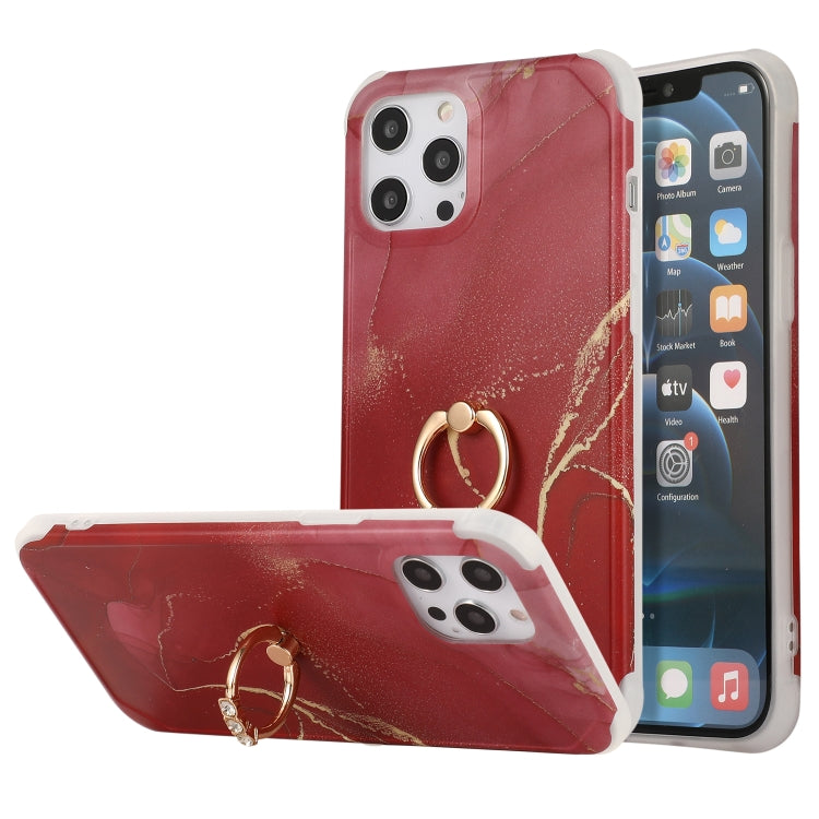 Four Corners Shocproof Flow Gold Marble IMD Back Cover Case with Metal Rhinestone Ring, For iPhone 13 Pro Max, For  iPhone 13 Pro, For  iPhone 13, For iPhone 13 mini