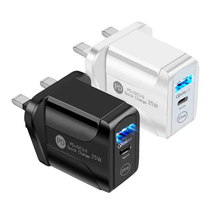 PD25W USB-C / Type-C + QC3.0 USB Dual Ports Fast Charger with USB to 8 Pin Data Cable, UK Plug, UK Plug + USB to 8 Pin Cable