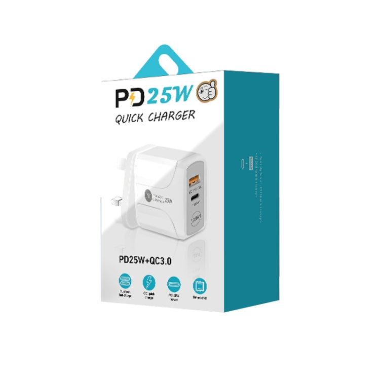 PD25W USB-C / Type-C + QC3.0 USB Dual Ports Fast Charger with USB to 8 Pin Data Cable, UK Plug, UK Plug + USB to 8 Pin Cable