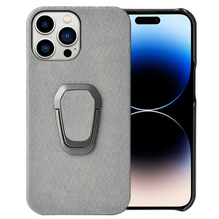 For iPhone 14 Pro Max Ring Holder Honeycomb PU Phone Case, For iPhone 14 Pro Max