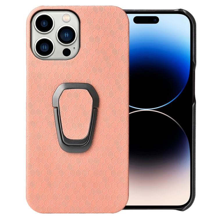 Ring Holder Honeycomb PU Phone Case For iPhone 14 Pro, For iPhone 14 Pro