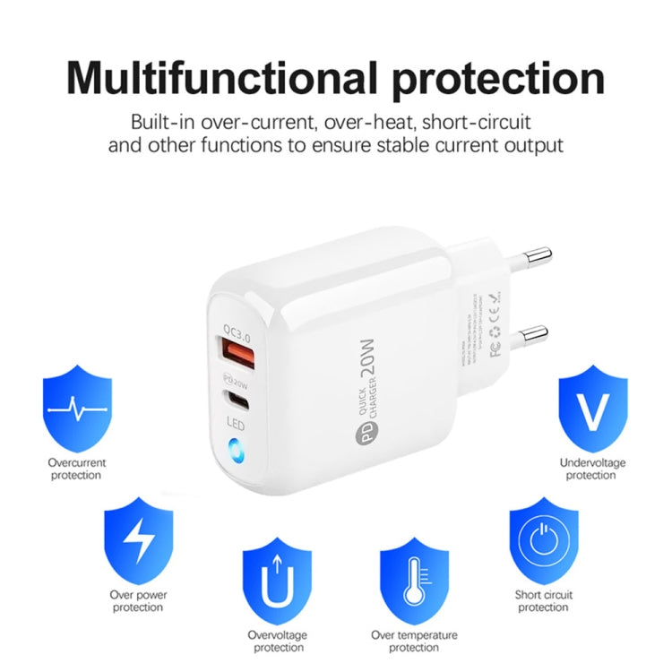 PD04 PD20W + QC18W Mobile Phone Charger with LED Indicator, EU Plug, EU Plug