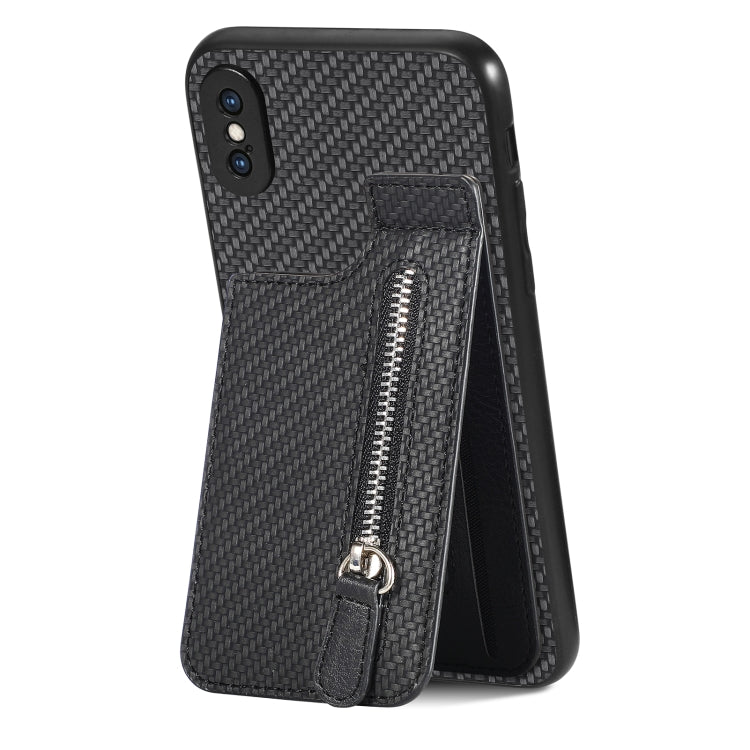 Carbon Fiber Vertical Flip Zipper Phone Case, For iPhone XR, For iPhone XS Max, For iPhone SE 2022 / 2020 / 7 / 8, For iPhone 7 Plus / 8 Plus