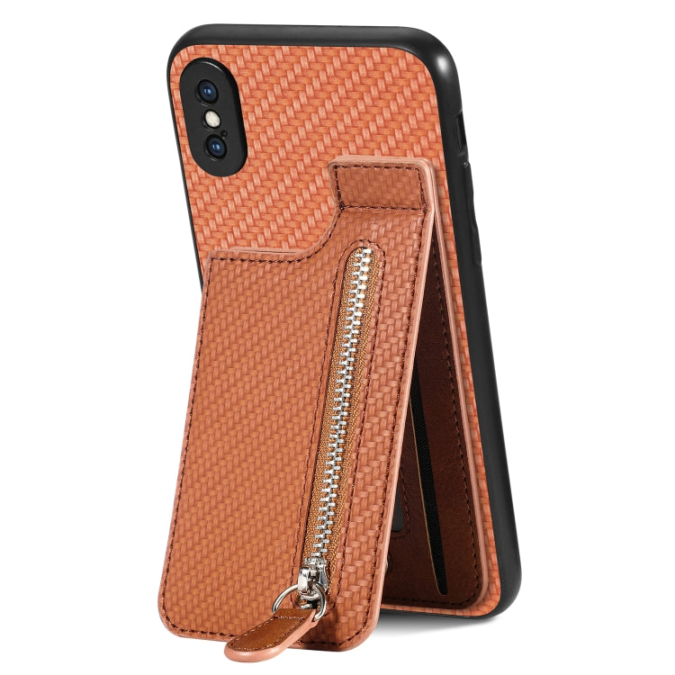 Carbon Fiber Vertical Flip Zipper Phone Case, For iPhone XR, For iPhone XS Max, For iPhone SE 2022 / 2020 / 7 / 8, For iPhone 7 Plus / 8 Plus