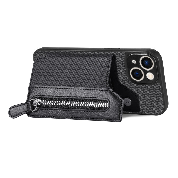 Carbon Fiber Horizontal Flip Zipper Wallet Phone Case, For iPhone 14, For iPhone 14 Pro, For iPhone 14 Plus, For iPhone 14 Pro Max