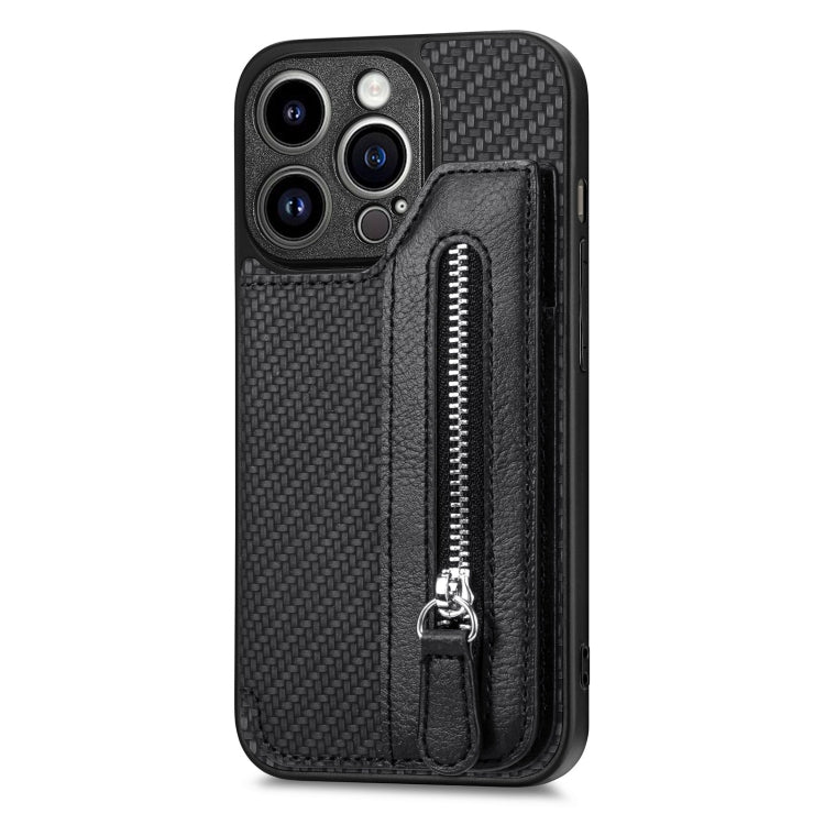 Carbon Fiber Horizontal Flip Zipper Wallet Phone Case, For iPhone 14, For iPhone 14 Pro, For iPhone 14 Plus, For iPhone 14 Pro Max