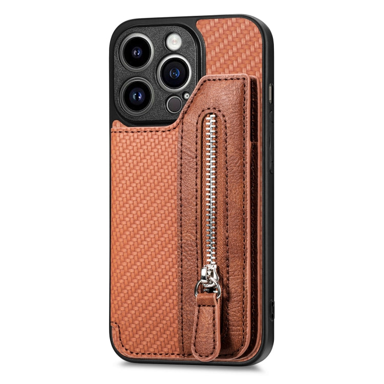 Carbon Fiber Horizontal Flip Zipper Wallet Phone Case, For iPhone 14, For iPhone 14 Pro, For iPhone 14 Plus, For iPhone 14 Pro Max