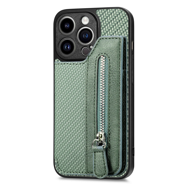 Carbon Fiber Horizontal Flip Zipper Wallet Phone Case, For iPhone 14, For iPhone 14 Pro, For iPhone 14 Plus, For iPhone 14 Pro Max
