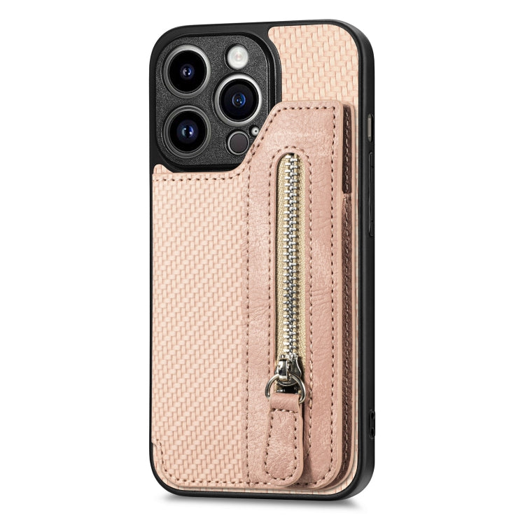 Carbon Fiber Horizontal Flip Zipper Wallet Phone Case, For iPhone 14, For iPhone 14 Pro, For iPhone 14 Plus, For iPhone 14 Pro Max