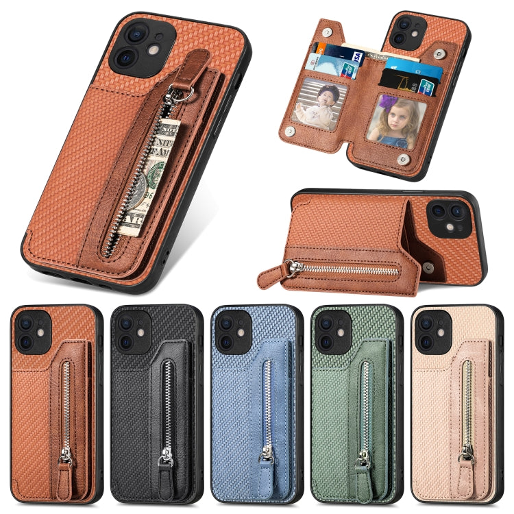 Carbon Fiber Horizontal Flip Zipper Wallet Phone Case, For iPhone 12 mini, For iPhone 12, For iPhone 12 Pro, For iPhone 12 Pro Max