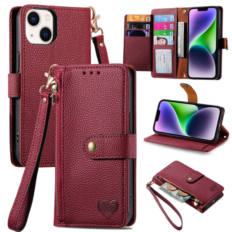Love Zipper Lanyard Leather Phone Case, For iPhone 15, For iPhone 14 Plus, For iPhone 14, For iPhone 14 Pro