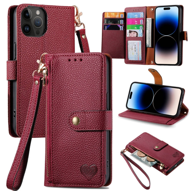 Love Zipper Lanyard Leather Phone Case, For iPhone 16, For iPhone 15 Pro Max, For iPhone 15 Pro, For iPhone 15 Plus