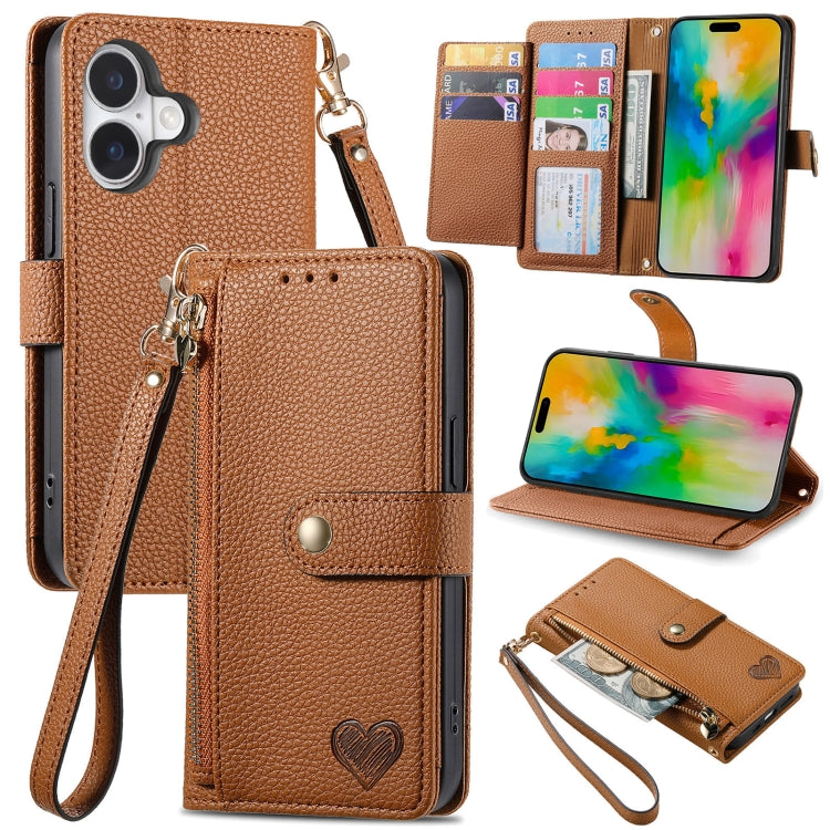 Love Zipper Lanyard Leather Phone Case, For iPhone 16, For iPhone 15 Pro Max, For iPhone 15 Pro, For iPhone 15 Plus