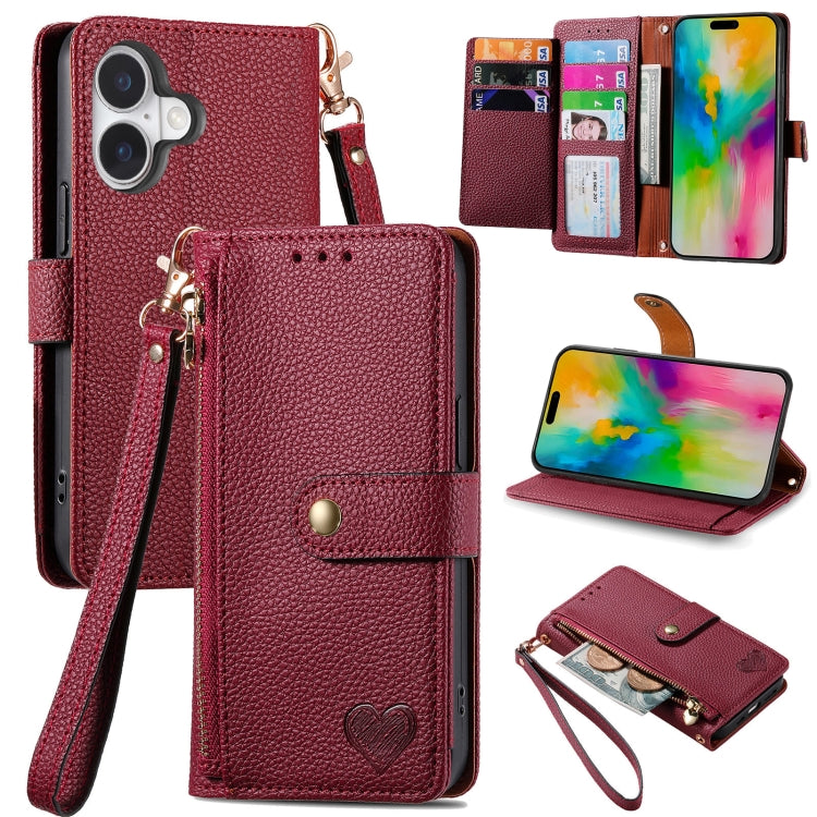 Love Zipper Lanyard Leather Phone Case, For iPhone Air, For iPhone 16 Pro Max, For iPhone 16 Pro, For iPhone 16 Plus