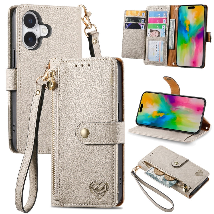 Love Zipper Lanyard Leather Phone Case, For iPhone Air, For iPhone 16 Pro Max, For iPhone 16 Pro, For iPhone 16 Plus