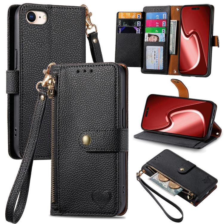 Love Zipper Lanyard Leather Phone Case, For iPhone 17e / 16e, For iPhone 17 Pro Max, For iPhone 17 Pro, For iPhone 17