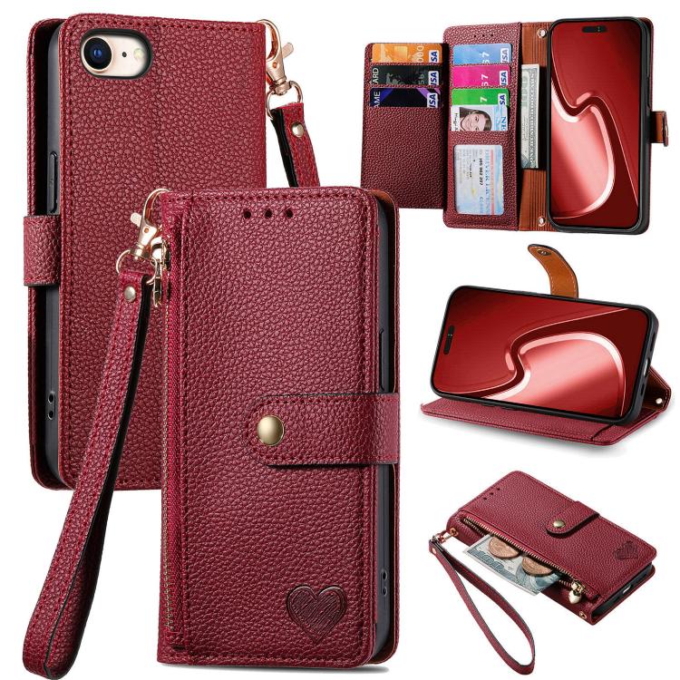 Love Zipper Lanyard Leather Phone Case, For iPhone 17e / 16e, For iPhone 17 Pro Max, For iPhone 17 Pro, For iPhone 17