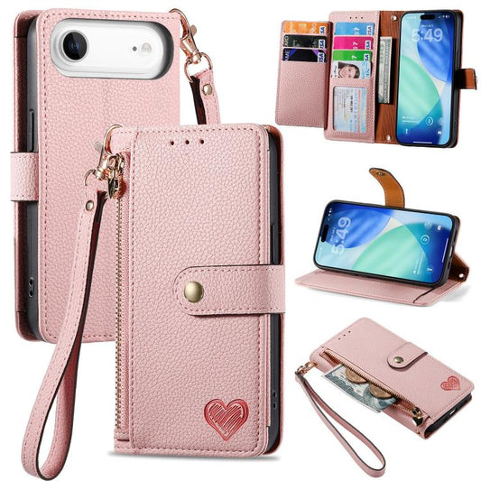 Love Zipper Lanyard Leather Phone Case, For iPhone Air, For iPhone 16 Pro Max, For iPhone 16 Pro, For iPhone 16 Plus