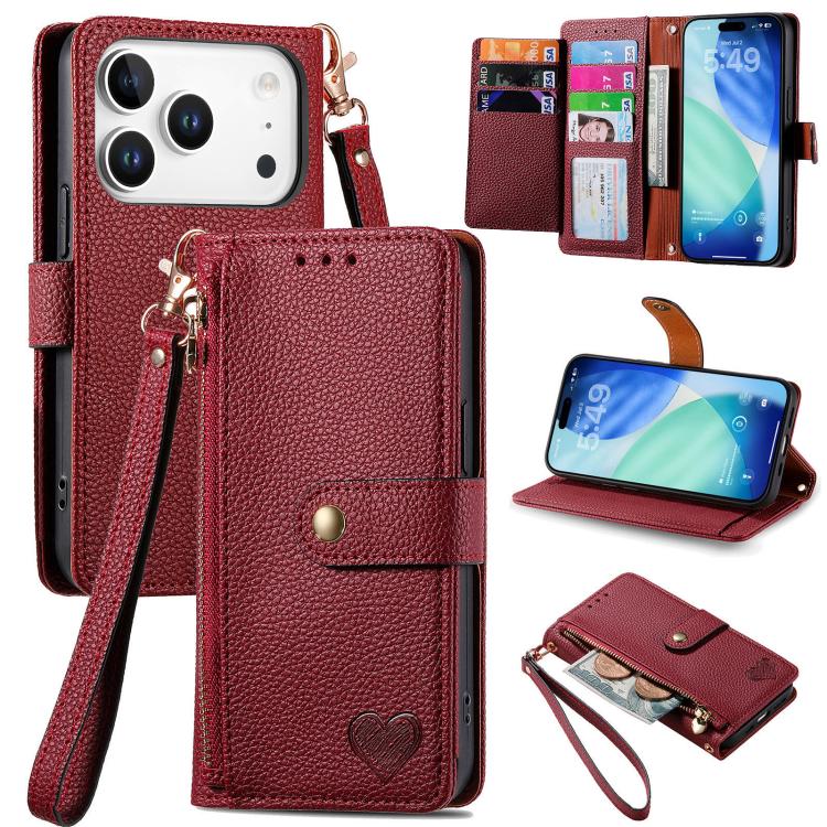 Love Zipper Lanyard Leather Phone Case, For iPhone 18 Pro / 17 Pro, For iPhone 18 Pro Max / 17 Pro Max, For iPhone 17e / 16e, For iPhone 17