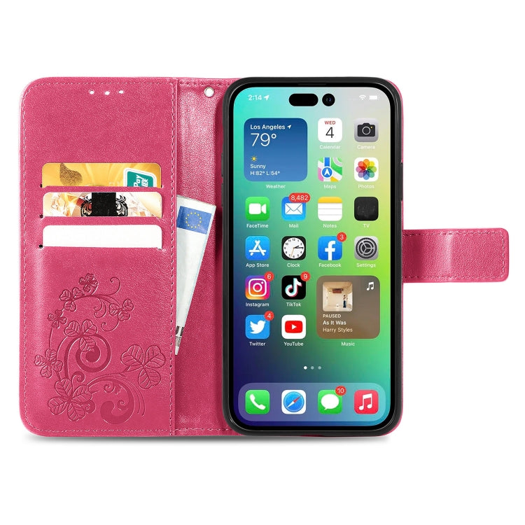 Four-leaf Clasp Embossed Buckle Leather Phone Case, For iPhone 15