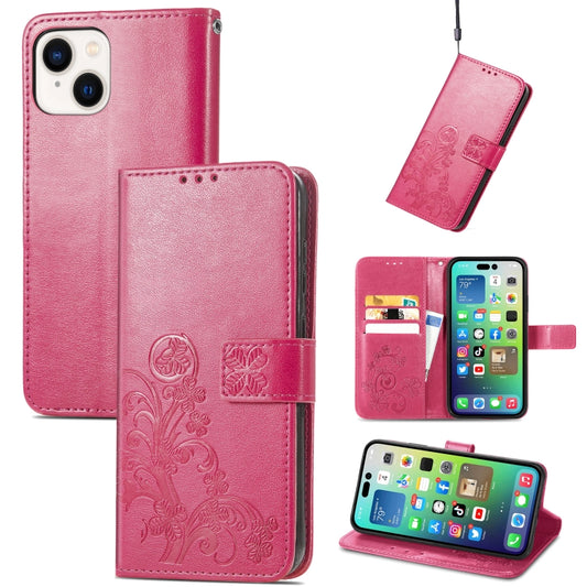 Four-leaf Clasp Embossed Buckle Leather Phone Case, For iPhone 15