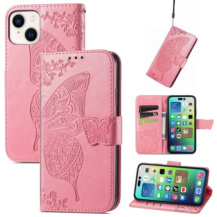 Butterfly Love Flower Embossed Leather Phone Case, For iPhone 15