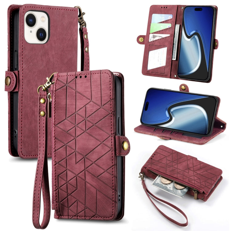 Geometric Zipper Wallet Side Buckle Leather Phone Case, For iPhone 15, For iPhone 14 Plus, For iPhone 14, For iPhone 14 Pro