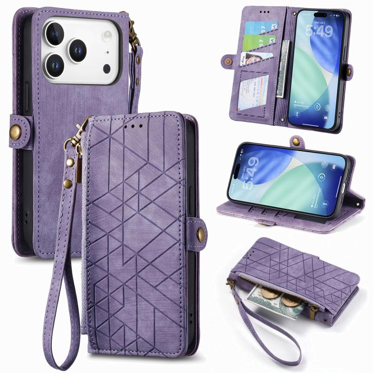 Geometric Zipper Wallet Side Buckle Leather Phone Case, For iPhone 17e / 16e, For iPhone 17 Pro Max, For iPhone 17 Pro, For iPhone 17
