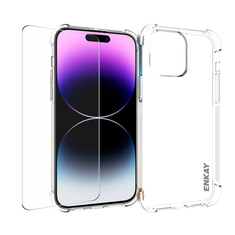 ENKAY Transparent TPU Shockproof Phone Case with Glass Film, For iPhone 15 Pro Max, For iPhone 14 Plus, For iPhone 15 Pro, For iPhone 14, For iPhone 15 Plus, For iPhone 14 Pro, For iPhone 14 Pro Max, For iPhone 15