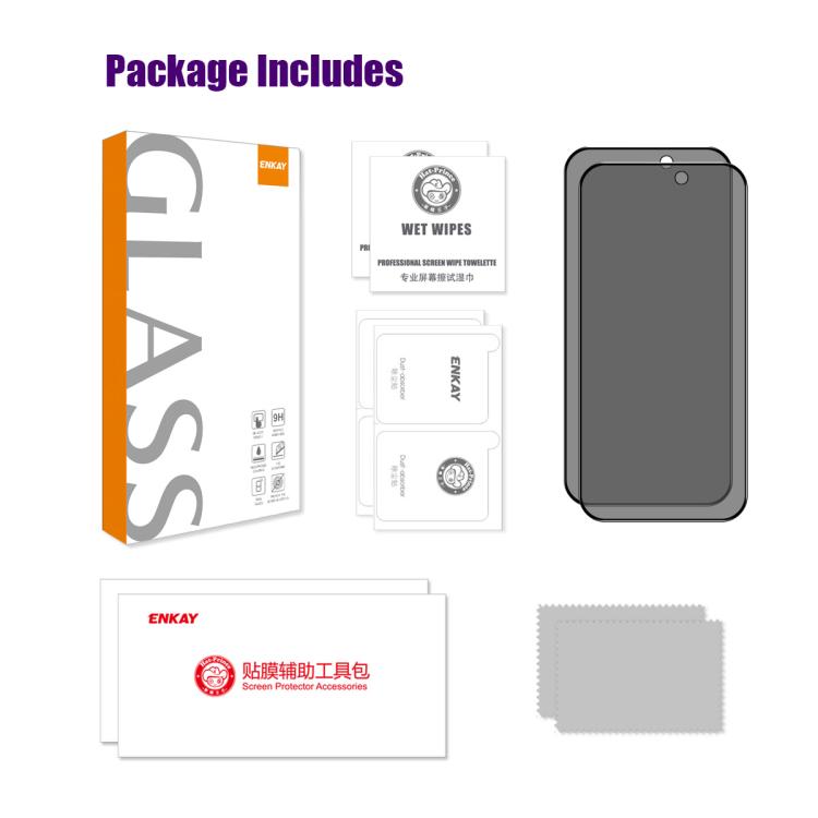 2pcs ENKAY Hat-Prince 28° Anti-peeping Tempered Glass Protector Full Screen Film, For iPhone 16 Pro Max, For iPhone 16 Pro, For iPhone 16 Plus, For iPhone 16, For iPhone 15 Pro Max, For iPhone 15 Pro, For iPhone 15 Plus, For iPhone 15