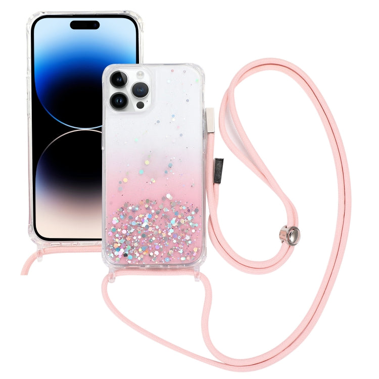 Gradient Glitter Epoxy TPU Thickened Acrylic Phone Case with Round Neck Lanyard, For iPhone 15 Pro Max, For iPhone 15 Pro, For iPhone 15 Plus, For  iPhone 15