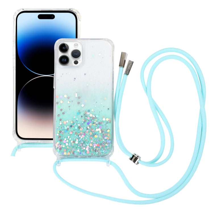Gradient Glitter Epoxy TPU Thickened Acrylic Phone Case with Round Neck Lanyard, For iPhone 15 Pro Max, For iPhone 15 Pro, For iPhone 15 Plus, For  iPhone 15
