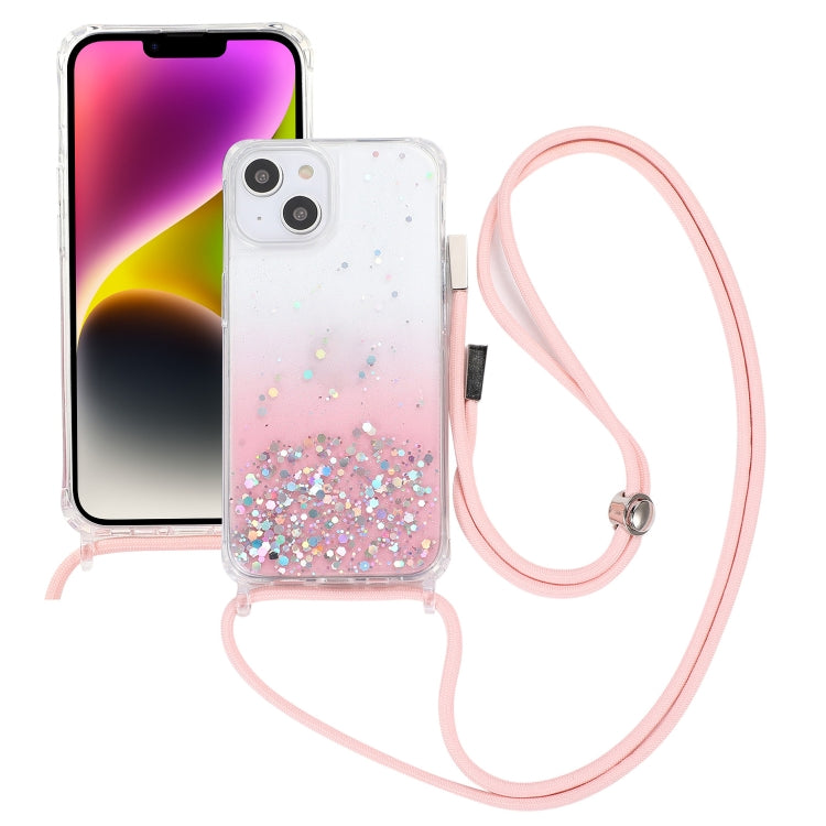 Gradient Glitter Epoxy TPU Thickened Acrylic Phone Case with Round Neck Lanyard, For iPhone 15 Pro Max, For iPhone 15 Pro, For iPhone 15 Plus, For  iPhone 15
