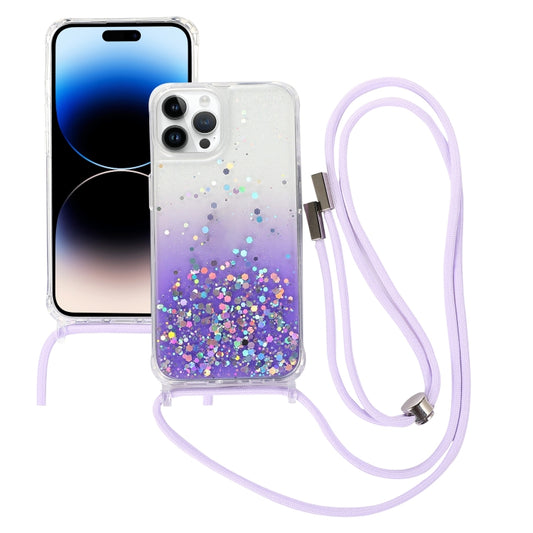 Gradient Glitter Epoxy TPU Thickened Acrylic Phone Case with Round Neck Lanyard, For iPhone 15 Pro Max, For iPhone 15 Pro, For iPhone 15 Plus, For  iPhone 15