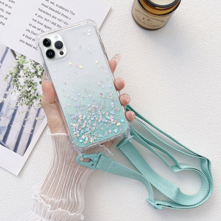 Gradient Glitter Epoxy TPU Thickened Acrylic Phone Case with Wide Lanyard, For iPhone 15 Pro Max, For iPhone 15 Pro, For iPhone 15 Plus, For iPhone 15