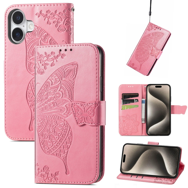 Butterfly Love Flower Embossed Leather Phone Case, For iPhone 16 Pro, For iPhone 16 Plus, For iPhone 16
